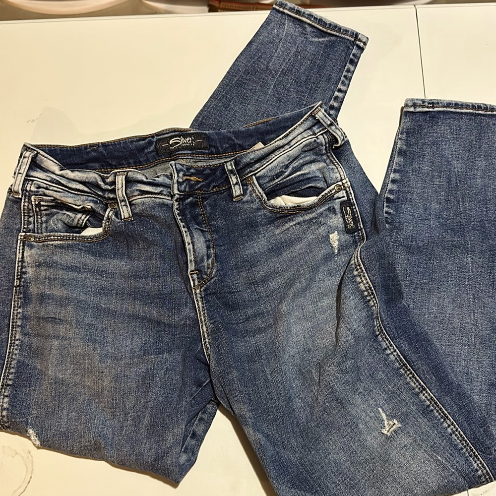 Silver destressed straight leg jeans